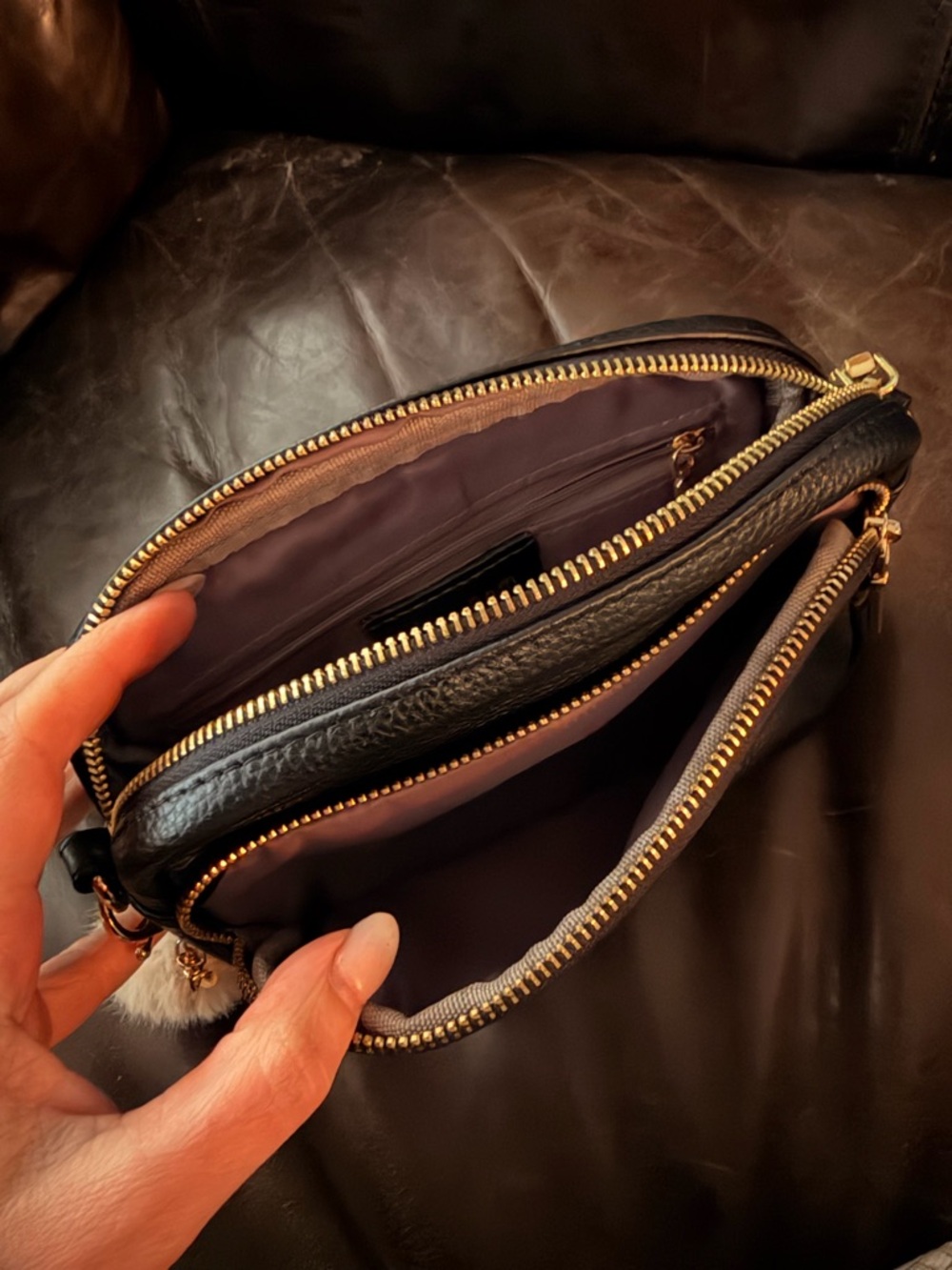 Black Pebbled Crossbody Bag with Pom Charm - Picture 4 of 5